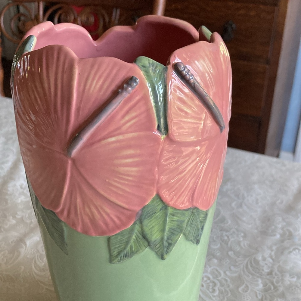 WHITNEY SMITH POTTERY tall vase w/ pink hibiscus, green leaves  $18